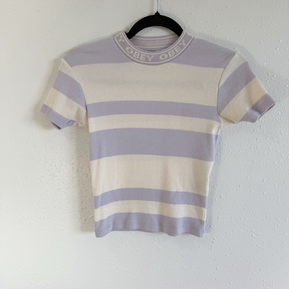 Obey‎ Purple and Cream Ribbed Crop Tee - Picture 1 of 4